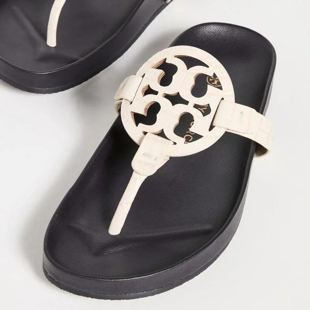 Tory Burch CROC EMBOSSED Miller Cloud Leather Thong Slides New Ivory Cream Navy - Picture 5 of 7